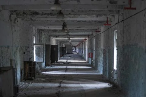 A long abandoned communication corridor Stock Photos