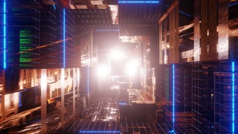 A long and endless looping golden tunnel with blue neon lights Stock Footage 160824878