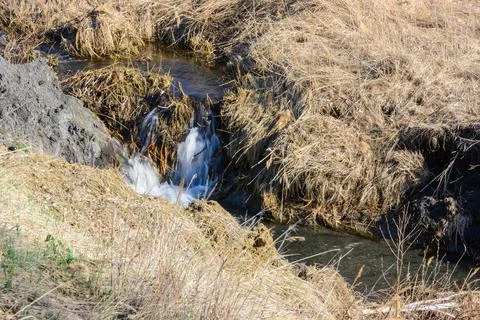 Long-awaited spring creeks flow over ravines and hills on a sunny day. Water  Stock Photos