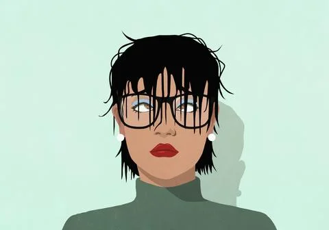 Long bangs hanging over eyeglasses of cross-eyed woman Stock Illustration