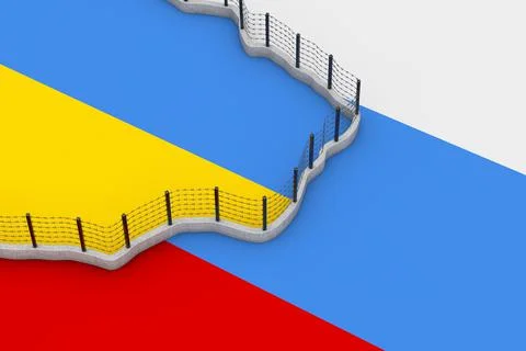 Long Barbed Wire Fence Between Russia and Ukraine Map in Colors of Russian an Illustrazione stock