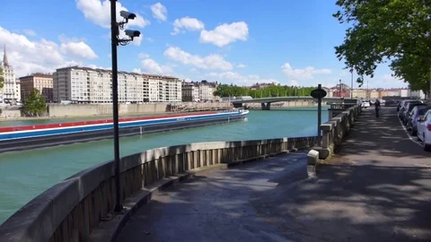Long Barge on Rhone River at Lyon Stock Footage 84808339