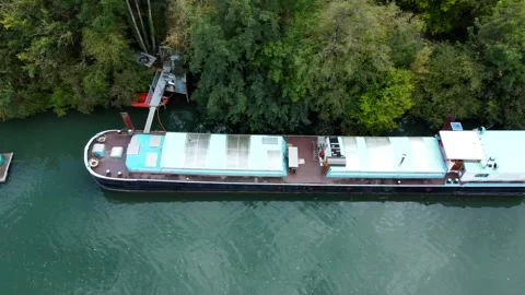 Long Barge River Drone Shot Along Trees Stock Footage 303981311
