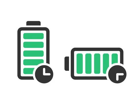 Long battery life icon in flat style. Battery charging process vector illus.. Stock Illustration