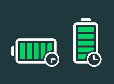 Long battery life icon in flat style. Battery charging process vector illus.. 스톡 일러스트