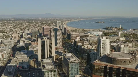 Long Beach CA Aerial v11 Flying over, slightly descending over downtown Stock Footage