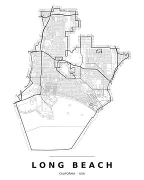 Long Beach CA Street Map Road Network Highways Black White Editable Vector Stock Illustration