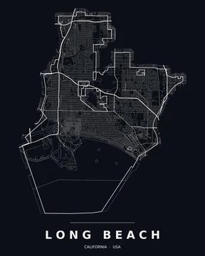 Long Beach CA Street Map Road Network Highways Dark Mode Editable Vector Stock Illustration