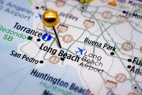 Long Beach, CA US USA Map Pin Close-Up Stock Photos