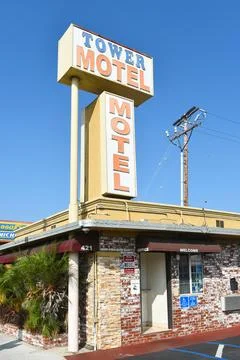 LONG BEACH, CALIFORNIA - 18 OCT 2023: The Tower Motel on Pacific Coast High.. Stock Photos