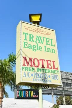 LONG BEACH, CALIFORNIA - 18 OCT 2023: Closeup of the Travel Eagle Inn Motel.. Stock Photos