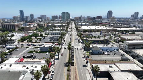 Long Beach, California USA - Pullback Drone View of Downtown Skyline Stock Footage 335334839