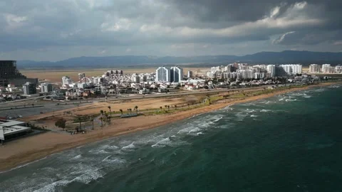 Long Beach Cyprus. Drone video. Blue ocean. Thunderclouds. Sunlights Stock Footage 231617210