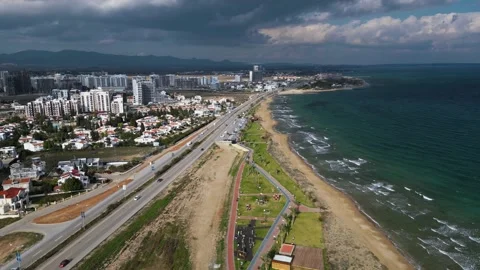 Long Beach Cyprus. Drone video. Blue ocean. Thunderclouds. Sunlights Stock Footage 231617313
