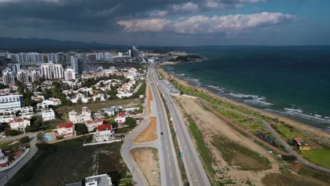 Long Beach Cyprus. Drone video. Blue ocean. Thunderclouds. Sunlights Stock Footage 231617326