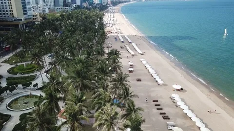 Long beach - Fly over Long Beach with White sand in Nhatrang Vietnam. Hot summer Stock Footage 88720249