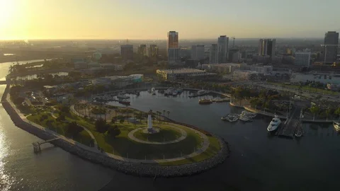 Long Beach Lighthouse Downtown and Shoreline Park Aerial Stock Footage 114894741