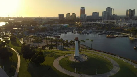 Long Beach Lighthouse Downtown and Shoreline Park Stock Footage 114895731