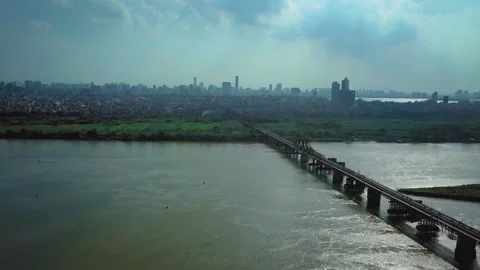 Long bien bridge crossing the red river in hanoi vietnam Stock Footage 329506628