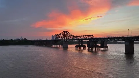 Long Bien Bridge over the Red River at Sunset in Hanoi, Vietnam Stock Footage 344742089