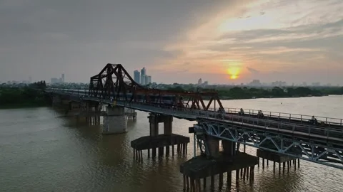 Long Bien Bridge over the Red River at Sunset, Hanoi, Vietnam Stock Footage 344742200