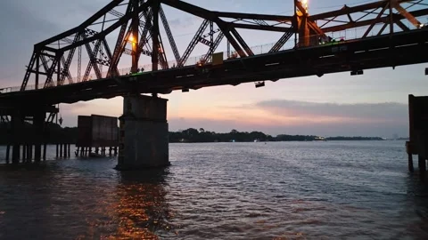 Long Bien Bridge over the Red River at Dusk in Hanoi, Vietnam Stock Footage 344742209