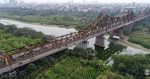 Long Bien Bridge, Red River, Hanoi, Vietnam Stock Footage 98929226