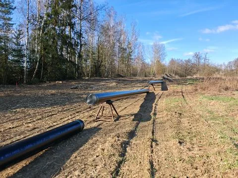 Long black pipeline sections prepared across a cleared woodland site Stock Photos