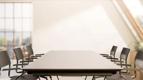 Long black table and swivel chairs in office company meeting room with sunl.. Stock Illustration