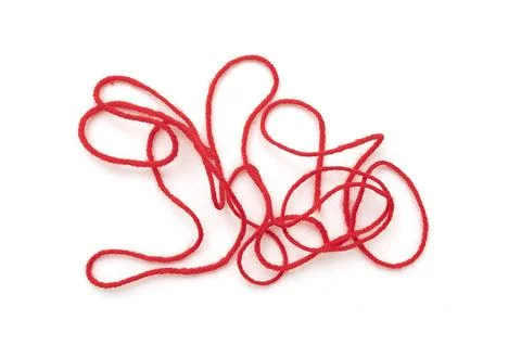 Long bound thin red rope, string isolated on white, top view Stock Photos