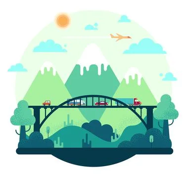 Long bridge in the mountains - vector cartoon illustration in flat stile Stock Illustration