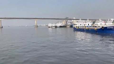 Long Bridge Over The River With Ships Boats Stock Footage 264808293