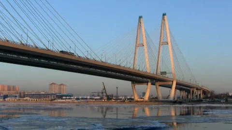 Long bridge at winter evening Stock Footage 584830