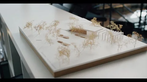 Long Building and Colonnade in Architectural Landscape Model, Panning Shot Stock Footage 340299154
