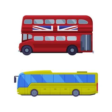 Long Bus and Red Double Deck Bus as Travel and Tourism Symbol Vector Set Stock Illustration