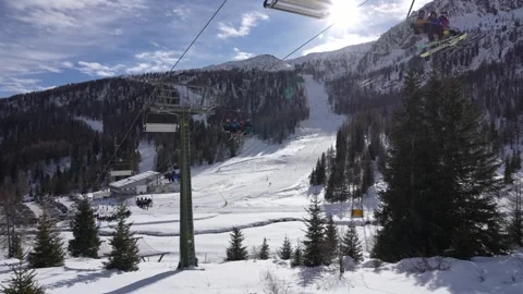 Long cable car in the snow. Stock Footage 276606849