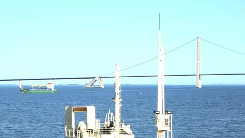 Long cable-stayed bridge with large pillars ropes silhouette Stock Footage 113815574