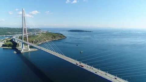 Long cable-stayed road bridge from Vladivostok to island Russkiy Stock Footage 126492271