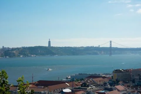 Long cable-stayed, Vasco da Gama Bridge, over Tagus river. Stock Photos