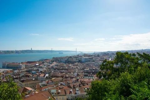 Long cable-stayed, Vasco da Gama Bridge, over Tagus river. Stock Photos