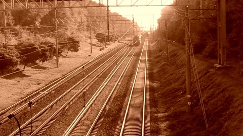 Long Cargo Train In Motion On The Top View In Retro Stock Footage 84683405
