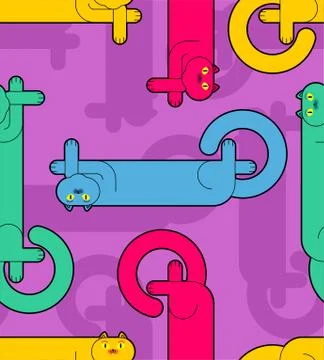 Long cat pattern seamless. Cartoon pet background. Baby fabric texture. vecto Stock Illustration
