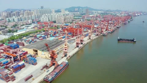 Long container quay and moving cargo vessel at Huangpu Port in Guangzhou China 스톡 동영상 346442076