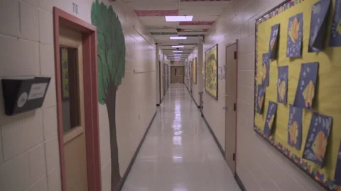A long corridor with doors and Windows in the building . Stock Footage 136447320