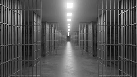Long corridor inside prison with metal bars and doors Illustration