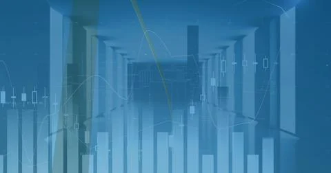 Long corridor merging with candlestick charts and bar graphs, market data Stockillustratie