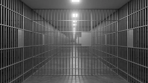 Long corridor with prison cells and metal bars creating a confined space Illustration