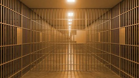 Long corridor with prison cells and metal bars illuminated by warm light Illustration