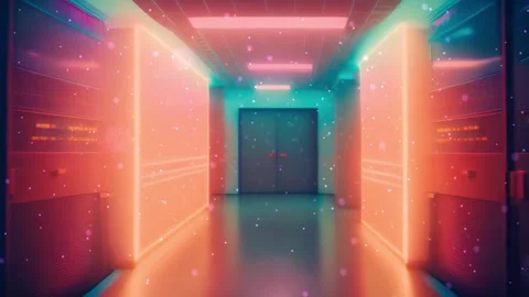 Long corridor of retro server room with neon lights Stock Footage 247485271
