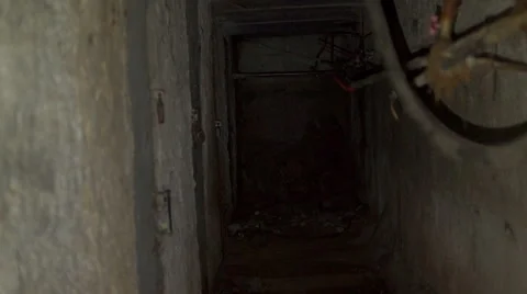 Long dark corridor with rusty pipes 2 Stockbeeldmateriaal 45588105